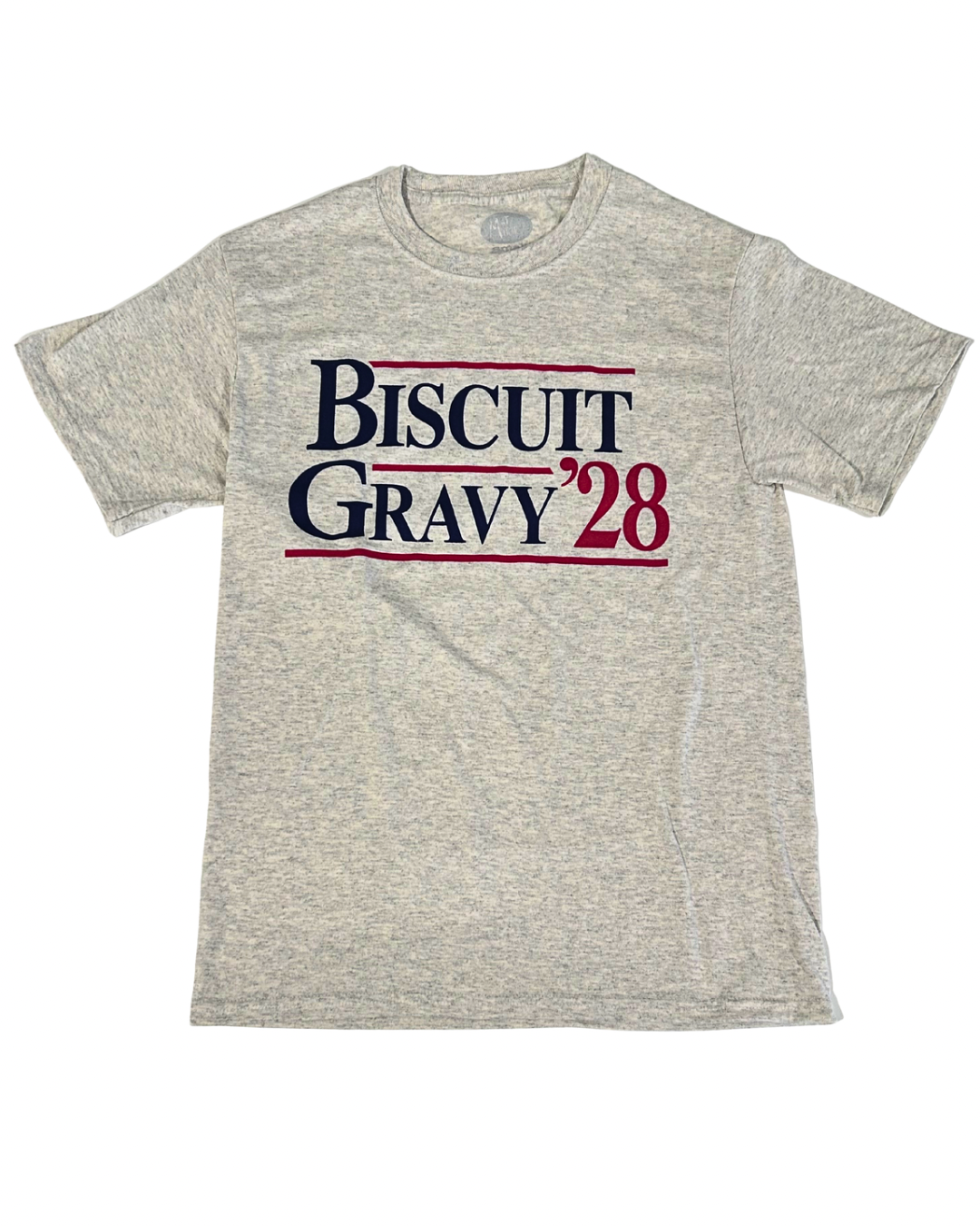 Oatmeal Heather T-Shirt with the words “Biscuit Gravy ‘28” in a parody campaign style