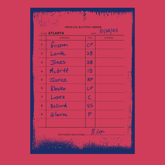Close-up of vintage Atlanta baseball 1995 lineup card graphic design with handwritten player positions on red background