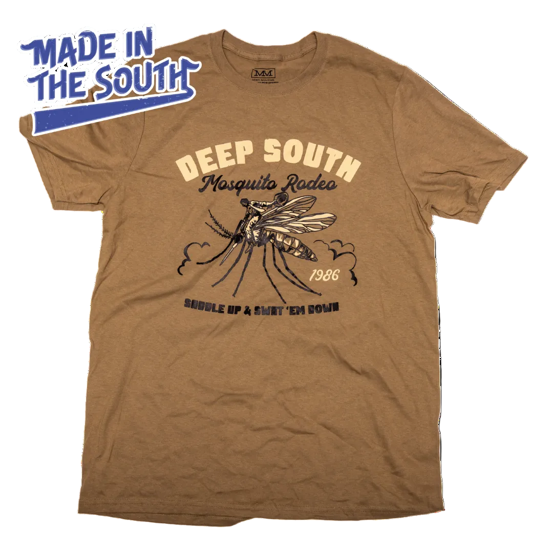 Funny southern tshirt with bold "DEEP SOUTH" text and mosquito rodeo graphic on white background