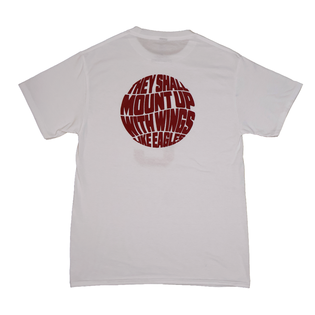 White t-shirt with red circular design and text on a white background