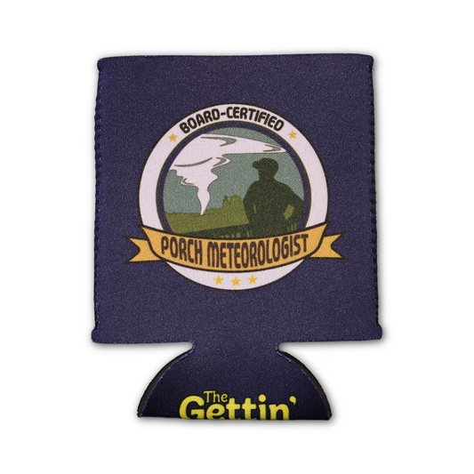 Navy can cooler with a graphic of a man watching a tornado in the distance, with the text "BOARD-CERTIFIED PORCH METEOROLOGIST"