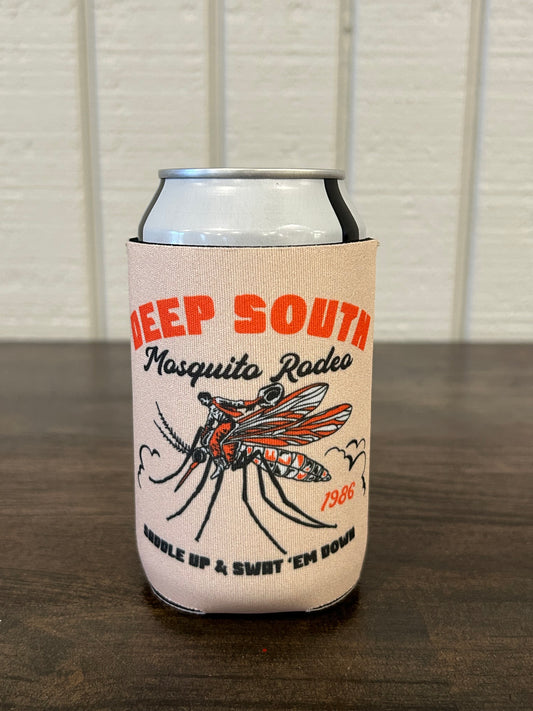 Cream Can Cooler with orange and black text and image with words Deep South Mosquito Rodeo Saddle Up & Swat 'Em Down with cowboy riding a mosquito