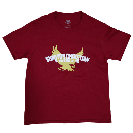Red t-shirt with yellow eagle graphic and text on a white background