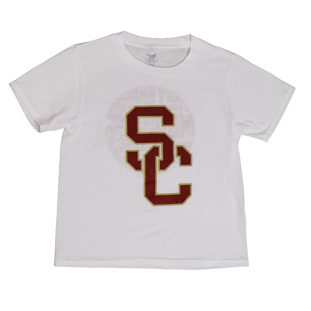 White t-shirt with SCS logo on a white background