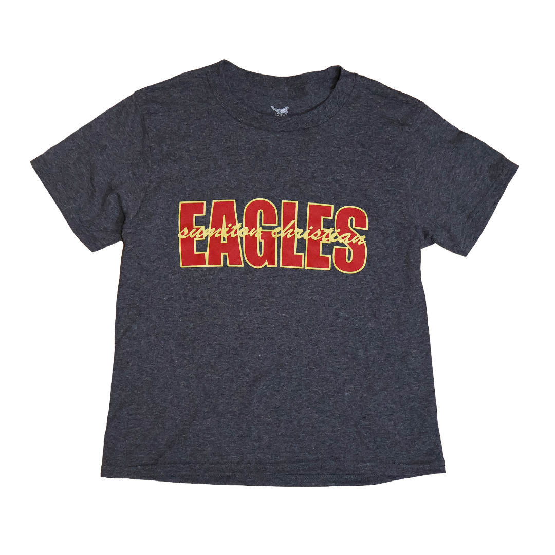 Gray t-shirt with 'EAGLES' printed in red and yellow on a white background