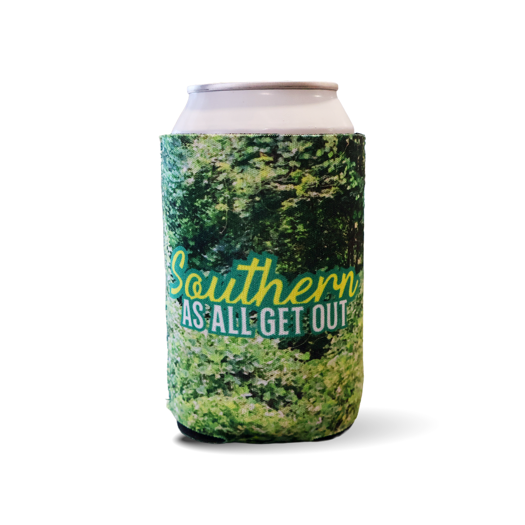 A can cooler featuring a green kudzu pattern with the text 'Southern AS ALL GET OUT' in yellow and white, shown on a white background.