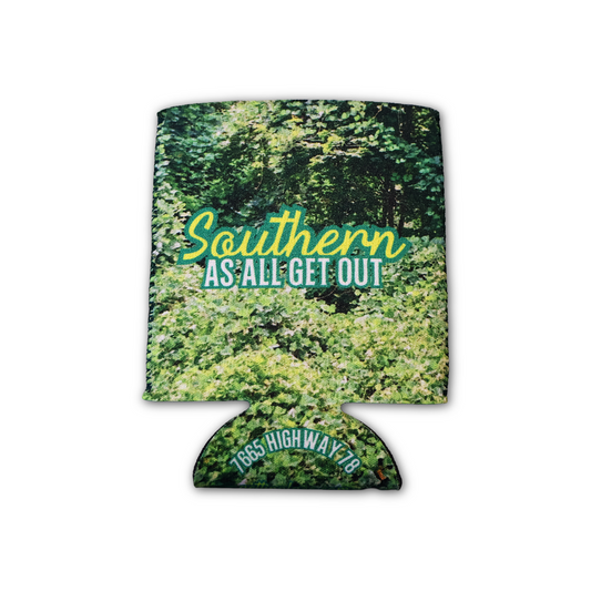 A koozie can cooler featuring a green kudzu background print with the text 'Southern AS-ALL-GET OUT' in yellow and white.