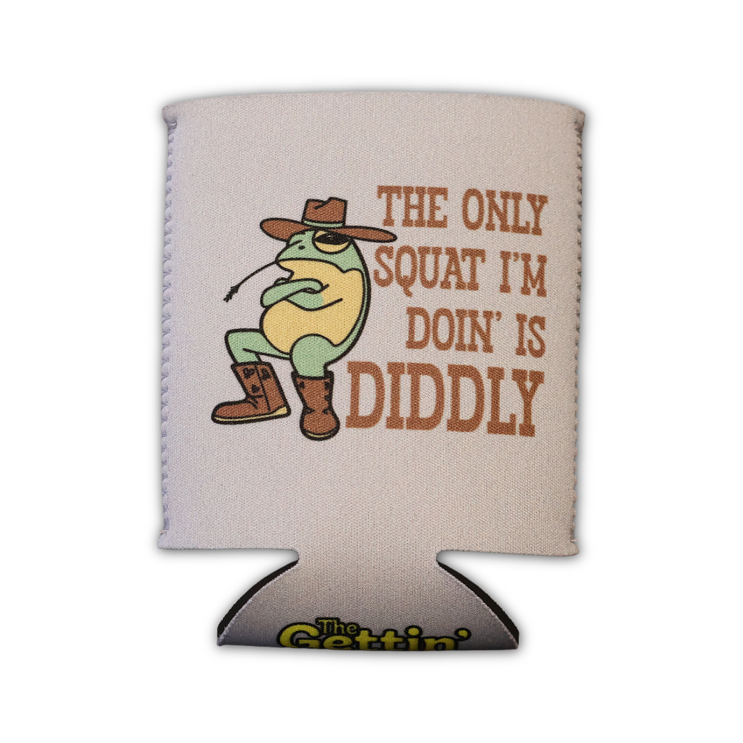 Cartoon graphic of a frog in a cowboy hat and boots with arms crossed, with the text "THE ONLY SQUAT I'M DOIN' IS DIDDLY" in brown.